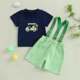 FIOMVA Toddler Baby Boy Golf Outfits Golf Shirt Tops+Golf Shorts Set Golf Clothes Hole in One Golf Birthday Clothing Summer (Navy Golf Cart, 6-12 Months)