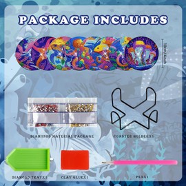 8 Pcs Diamond Art Painting Coasters Kit Ocean Diamond Art Coasters with Holder DIY Diamond Art Coasters for Beginners Adults Table Home Craft Gift Supplies