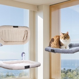 Cat Window Perch Cordless Cat Window Hammock Foldable Window Cat Bed for Indoor,Sturdy Metal Frame and Soft Reversible Cushions with 4 Suction Cups Cover Hold Up 40lbs (White,L)