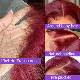99J Burgundy Short Bob Wig Human Hair 13x4 Straight Lace Front Wigs Glueless 180 Density Pre Plucked Baby Hair Brazilian Remy Colored Hair Transparent Frontal Wigs for Black Women 14inch