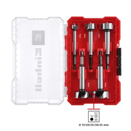 Original Einhell M-Case 5-Piece forstner bit Set (Made of C65 Steel, E 6.3 Shank, Cross Cutting Edge, Centring Tip, Conical Head Shape, 4-Sided Closed Leading Edge incl. Storage Box)