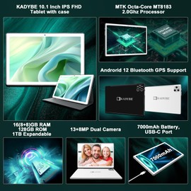 KADYBE 2024 Tablet 10 inch Android Tablets, Latest Tablet with Case 128GB Storage+16GB RAM+1TB Expandable, 13+8MP Camera, High-Performance 2.0Ghz Octa-Core Processor Support 5Ghz WiFi, Bluetooth, GPS