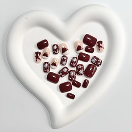 Christmas Press on Nails Short Red French Tip Fake Nails with Snowflake Christmas Tree Design Nude Glossy False Nails with Cute Elk Design Acrylic Full Cover Glue on Nails Stick on Nails for Women