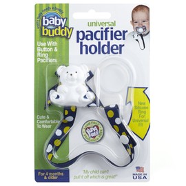 Baby Buddy Universal Pacifier Holder Clip - Snaps to Paci or Attach with Universal-Fit Silicone Ring - Pacifier Clip for Babies 4+ Months/Toddler Boys & Girls, Navy-Yellow Dots