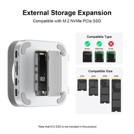 Qwiizlab Aluminum Stand Hub with SSD Enclosure, Docking Station for Mac mini M4/M4 Pro, 2 USB-A 10Gbps, TF/SD 4.0 Card Readers 312MB/s, USB-A 2.0, Fits M.2 NVMe SSD up to 8TB (Silver)