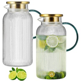 Buaic 2 PACK Glass Pitcher with Lid,68 oz/ 2 Liter Vertical Stripes Water Pitcher With Green Handle,Glass Water Carafe for Cold Brew,Coffee, Lemonade, Iced Sun Tea,Beverage,Milk Heat Resistant