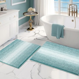 BSICPRO Bathroom Rugs and Mats Sets, 2 Piece Thick Absorbent Chenille Bath Mat Rug Set Non Slip, Soft Shaggy Bath Room Floor Mats for Bathroom, Machine Washable (Aqua Green, 20" x 32" Plus 16" x 24")