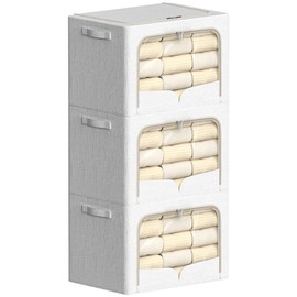 3 Pack Clothes Storage Bins - Foldable Metal Frame Storage Box - Stackable Linen Fabric Container Organizer Set with Carrying Handles and Clear Window (Cream White, 23.6x16.5x15.7inch(100L))