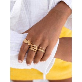 GNIRTSI Gold Bar Ring for Women Stripe Tree Pattern 14K Gold Plated Minimalist Stack Band Finger Jewelry Size 8