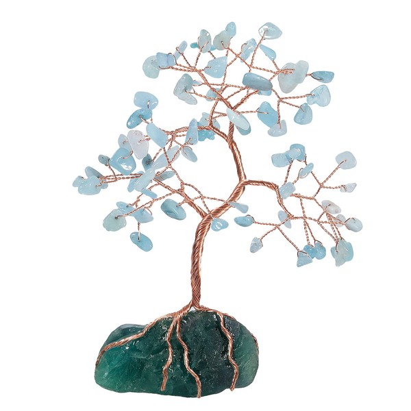 mookaitedecor Natural Aquamarine Crystal Decor Tree with Raw Fluorite Stone Base Healing Feng Shui Money Tree Lucky Tree of Life Ornament for Home Office Height 6-7 Inch
