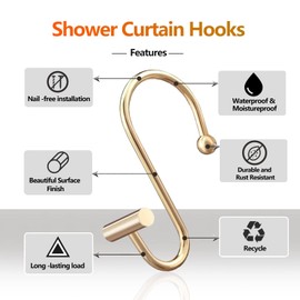 Metal Curtain Hooks, Rust Proof Shower Curtain Rings for Bathroom Decorative Shower Curtain Hooks Hangers for Shower Curtain Rod Curtains,Set of 12