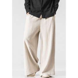 Flygo Mens Linen Pants Casual Wide Leg Baggy Pants Summer Cotton Elastic Waist Yoga Beach Palazzo Trousers(Beige-L)