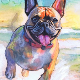 Fawn French Bulldog Watercolour Artwork Print of a Frenchie Playing on the Beach on a Sunny Day by Oscar Jetson (a4)