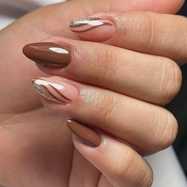 Brown Almond Press on Nails Glitter French Tip Fake Nails Natural Medium Length Glue on Nails Summer Fall Acrylic False Nails Cute Swirls Glue on Nails Reusable Almond Nail for Women 24Pcs