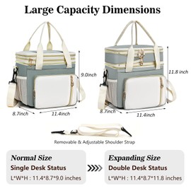 LOKASS Lunch Box for Women, 16L, Double Deck Expandable Insulated Lunch box For Adults/Women Thermal Large Waterproof Leakproof Cooler Bag with Shoulder Strap - Grey Green