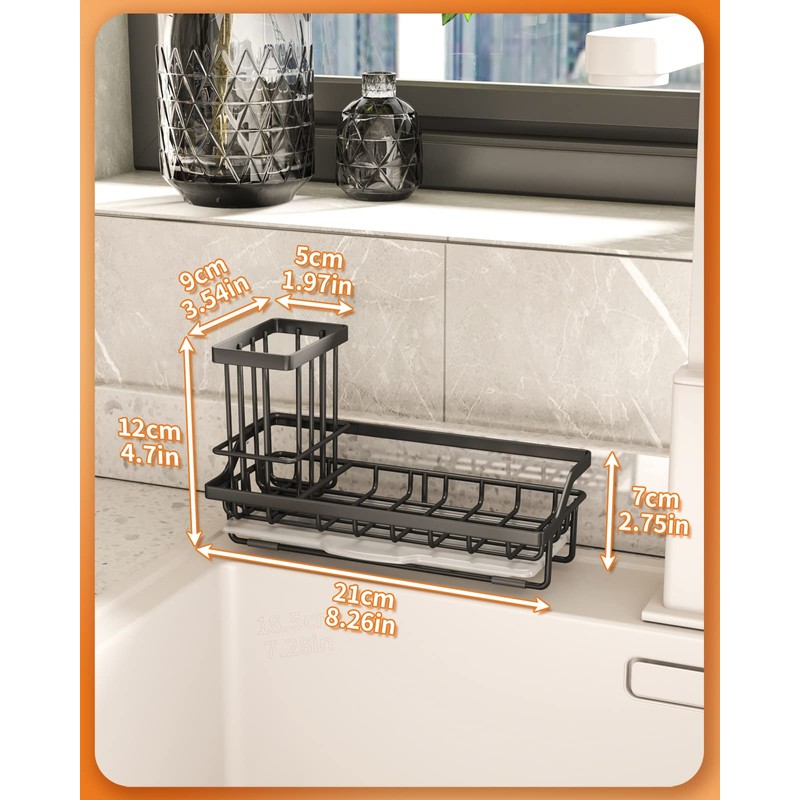 SWTYMIKI Kitchen Sink Caddy, Detachable Dish Brush Holder+Drain Tray, Sponge
