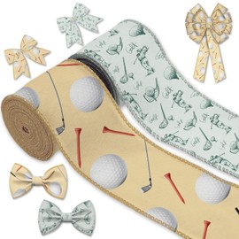 2 Rolls Golf Ribbon - 2.5 Inch x 5 Yards Each,Golf Balls & Tee Wired Edge Decorative Ribbon,Modern & Vintage Golf Theme for Gift Wrapping Father's Day Sports Party Decor Wreath DIY Crafts Bows Making