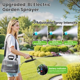 Battery Powered Sprayer 2 Gallon, Upgrade Electric Garden Sprayer with 23.6" Telescopic Wan, 3 Spray Force, Battery Indicator, Rechargeable Handle, 4 Mist Nozzles, Shoulder Strap, for Lawn and Garden