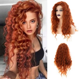 Wiwige Long Curly Wavy Orange Wig for Women Side Part Natural Looking Cosplay Synthetic Heat Resistant Replacement Wig