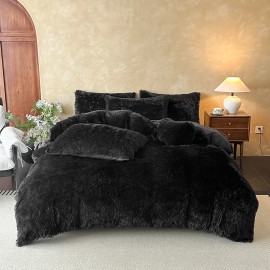 Polyester and Plush Fabric Four-Piece Bed Set for Home, Soft and Breathable Material, Factory Custom, Cozy Durable Beddingsheet type: None, color: Black, number of pieces: 1, Included Components: 1 Duvet Cover+ 2 Pillowcases+1 Cushion, size: King