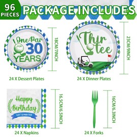 96Pcs Golf 30th Birthday Party Supplies 350GSM Golf Thir-Tee Plates and Napkins Tableware On Par 30 Years Birthday Decorations for Men Women Golf Sport Theme Thirtieth Birthday Party Favors Serves 24