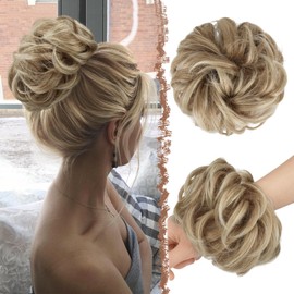 FESHFEN Large Messy Bun Hair Piece - Wavy Synthetic Chignon Scrunchies Elastic Ponytail Hair Extensions Thick Hairpieces for Women, Mixed Blonde and Ash Blonde Tips 1.94oz
