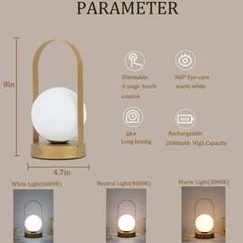 ISGNWROPU Portable Rechargeable Outdoor Table Lamp,2600mAh Cordless Waterproof Lantern,3-Level Adjustable LED Nightstand Light, Metal Handle Suitable for Camping,Home, Restaurant,Courtyard (Gold)
