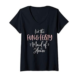 Womens Fun & Feisty Maid of Honor Group Funny Matching Bachelorette V-Neck T-Shirt