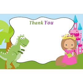 30 Blank Thank You Cards Dinosaur Brunette Princess Kids Birthday Party + 30 White Envelopes