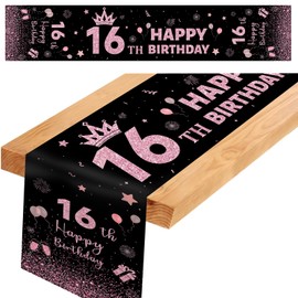Table Runner for 16th Birthday, Black Pink Party Tablecloth, Table Runner for 16th Birthday, Table Runner for 16th Birthday, Party, Table Cloth, Decoration (182 x 35 cm)