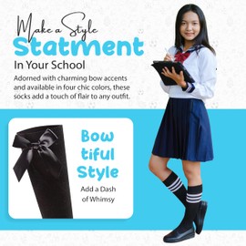 reshmena ® 3 Pairs Girls Knee High School Cotton Socks with Fluffy Ribbons Bow, Back to School Sock Uniform Party Comfort Fit Long Socks Stocking Girls Knee High Kids School Sock Size 4-6 Black KHB