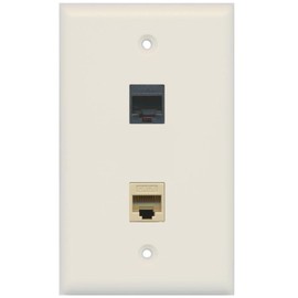 RiteAV - 1 RJ11 RJ12 Black Phone Port and 1 Cat6 Ethernet Port Wall Plate - Light Almond - Bracket Included