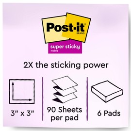 Post-it Super Sticky Pop Up Notes, 3 in x 3 in, 6 Pads, 90 Sheets/Pad, 2x the Sticking Power, Wanderlust Pastels Collection
