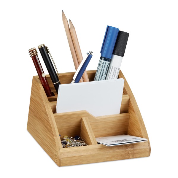 Relaxdays Bamboo Desk Organizer, Stationery Pen Holder, Office File Sorter