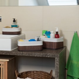 3 x Storage Baskets Bamboo Fabric Cover Shelf Basket Rectangular Bathroom Accessories Toys All-Purpose Basket 3 Sizes Brown