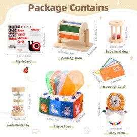 Toyssa Montessori Toys for Babies 0-6 Months, 6 in 1 Wooden Learning Educational Sensory Toys with Spinning Drum & Tissue Toys & Baby Rattle & Flash Card, Birthday Gifts for Babies Boys Girls