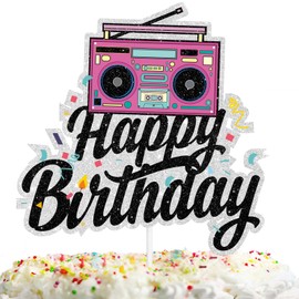 Decoración para tartas de los años 80 para niños y niñas, con texto en inglés "Happy Birthday" de los años 90, decoración de fiesta temática retro, suministros de decoración de pasteles con purpurina fresca para animar a cumpleaños