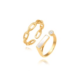 PEARLADA 18k Gold Stackable Ring Set, Mother of Pearl Signet Ring, 2PC Open Ring of Chain Link and Cubic Zirconia