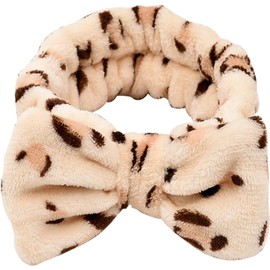 Bow Makeup Headband for Washing Face, High Elasticity Bowknot Coral Fleece Skincare Headbands for Women (Leopard print, One Size)