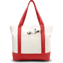 TOPDesign Stylish Canvas Tote Bag with an External Pocket, Top Zipper Closure, Daily Essentials (Red/Natural)
