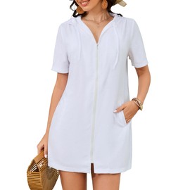 Bsubseach Terry Cloth Cover Up - Women 2025 Zipper Swimsuit Coverup Hooded Swim Robes Beach Coverups with Pockets White S