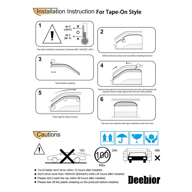Deebior 94455 Original Side Rain Guards, 4pcs Out-Channel Tape-On Nice
