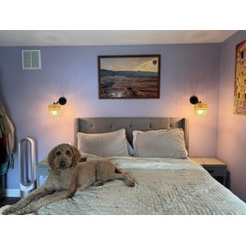 Modern Rattan Wall Sconce Set of Two, Swing Arm Black Wall Lamp with Boho Woven Lampshade & Dimmable On/Off Switch, Wall Mount Reading Light Fixture Bedside Lamp for Stairway Bedroom Living Room