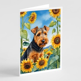 Caroline's Treasures Welsh Terrier in Sunflowers Greeting Cards Pack of 8 Blank Cards with Envelopes Whimsical A7 Size 5x7 Blank Note Cards