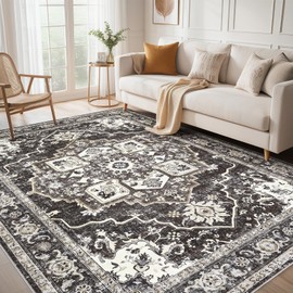 Micgeek Area Rug for Living Room: 6x9 Washable Vintage Neutral Soft Non Slip Thin Large Floor Carpet for Bedroom Kitchen Dining Room Home Office Farmhouse Indoor - Black