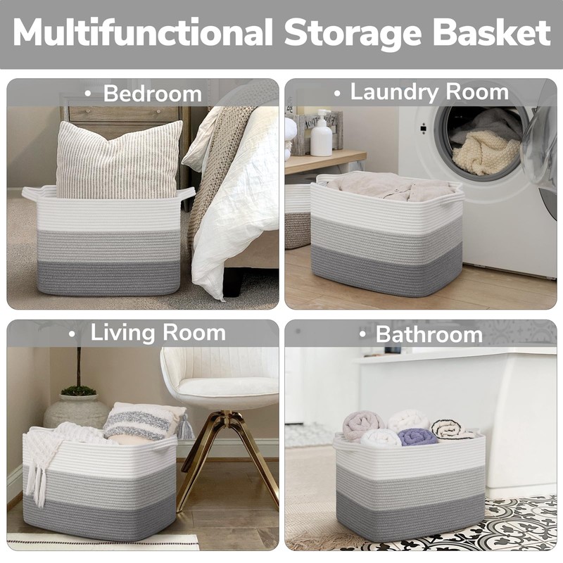 Goodpick Large Woven Basket, Rectangle Rope Storage Baskets for Organizing,