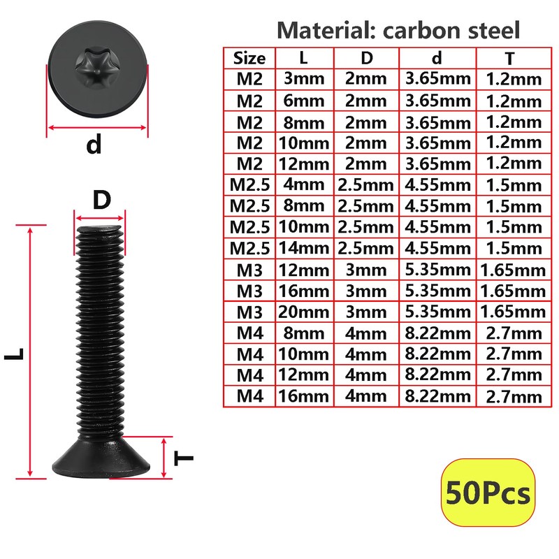 Qrity 50 Pcs Countersunk Head Torx Screws M2.5 x 14mm