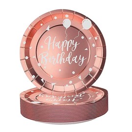 AHPYEUHK 60 Pcs Paper Plates 7 Inch Rose Gold Party Plates Disposable Party Tableware Set Happy Birthday Plates, Party Supplies for Anniversaries Wedding Baby Shower