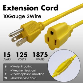 PALARINE 1ft Yellow Extension Cord Waterproof, UL Listed, 10/3 SJTW Heavy Duty 3 Prong, 10 Gauge 15A Power Cord Ideal for Lights, Appliances, and Lawn