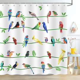 JAZEAOI Bird Shower Curtain, Farmhouse Colorful Funny Animal Green Leaves Bathroom Decor Set, Waterproof Polyester Fabric Bath Curtain with Hooks 72x72 Inch